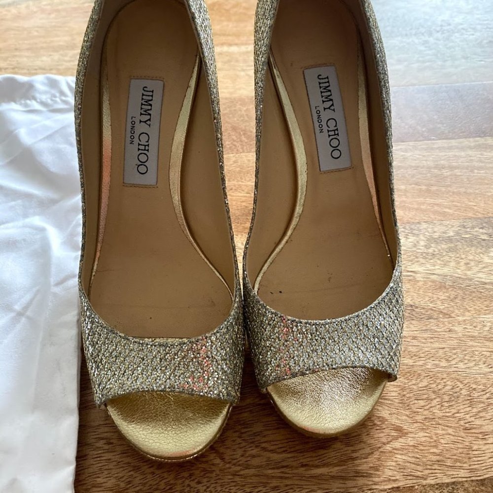 Jimmy Choo Champagne Glitter Peep-Toe Pumps, 38